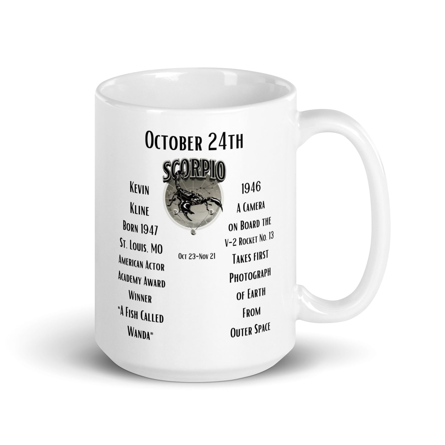 On This Day: Birthday Series - October 24th - (B) Kevin Kline & Earth's First Space Photo - White Glossy Mug