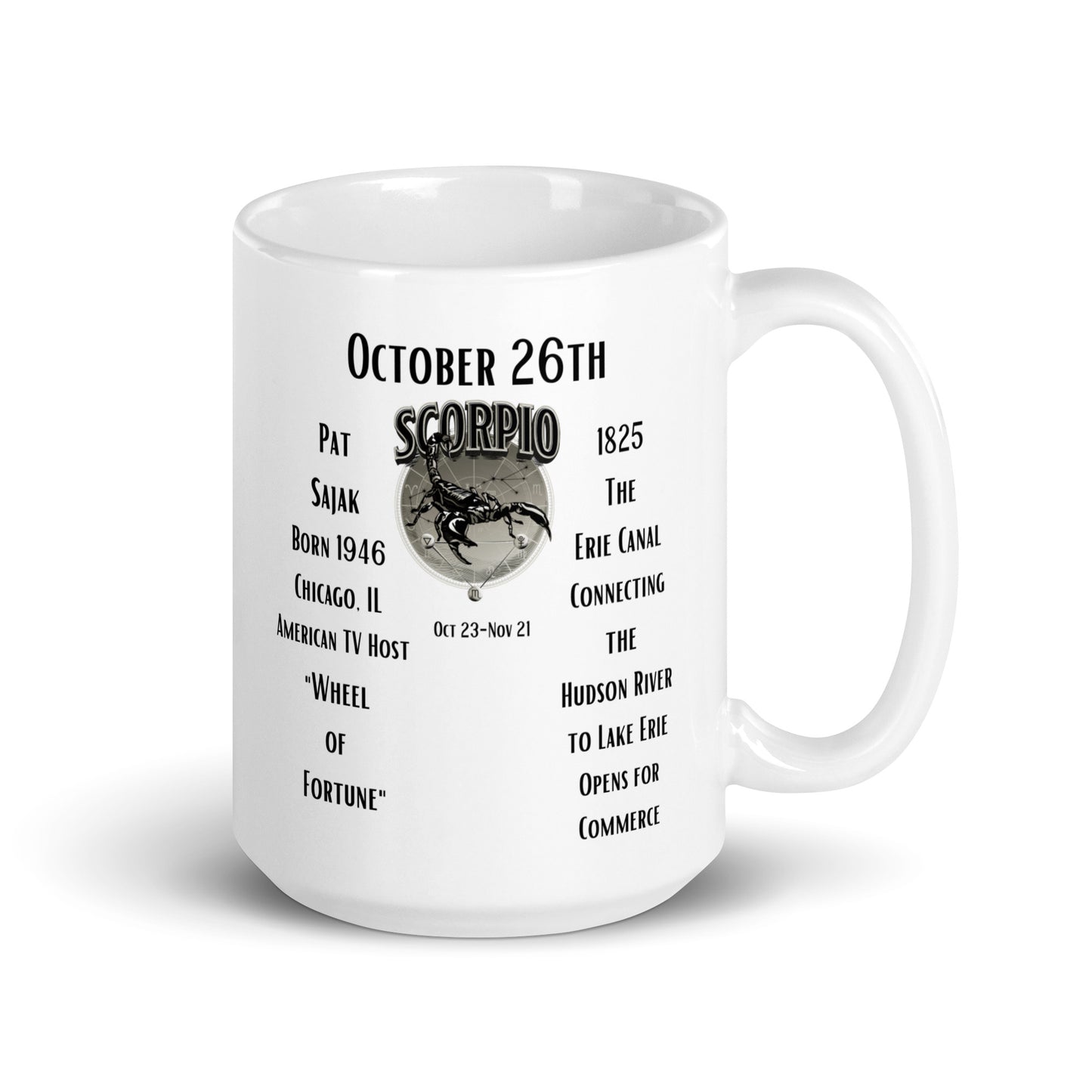 On This Day: Birthday Series - October 26th - (A) Pat Sajak & The Erie Canal -White glossy mug