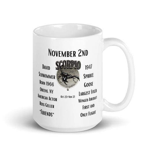 On This Day: Birthday Series - November 02nd - (B) David Schwimmer & The Spruce Goose - White glossy mug