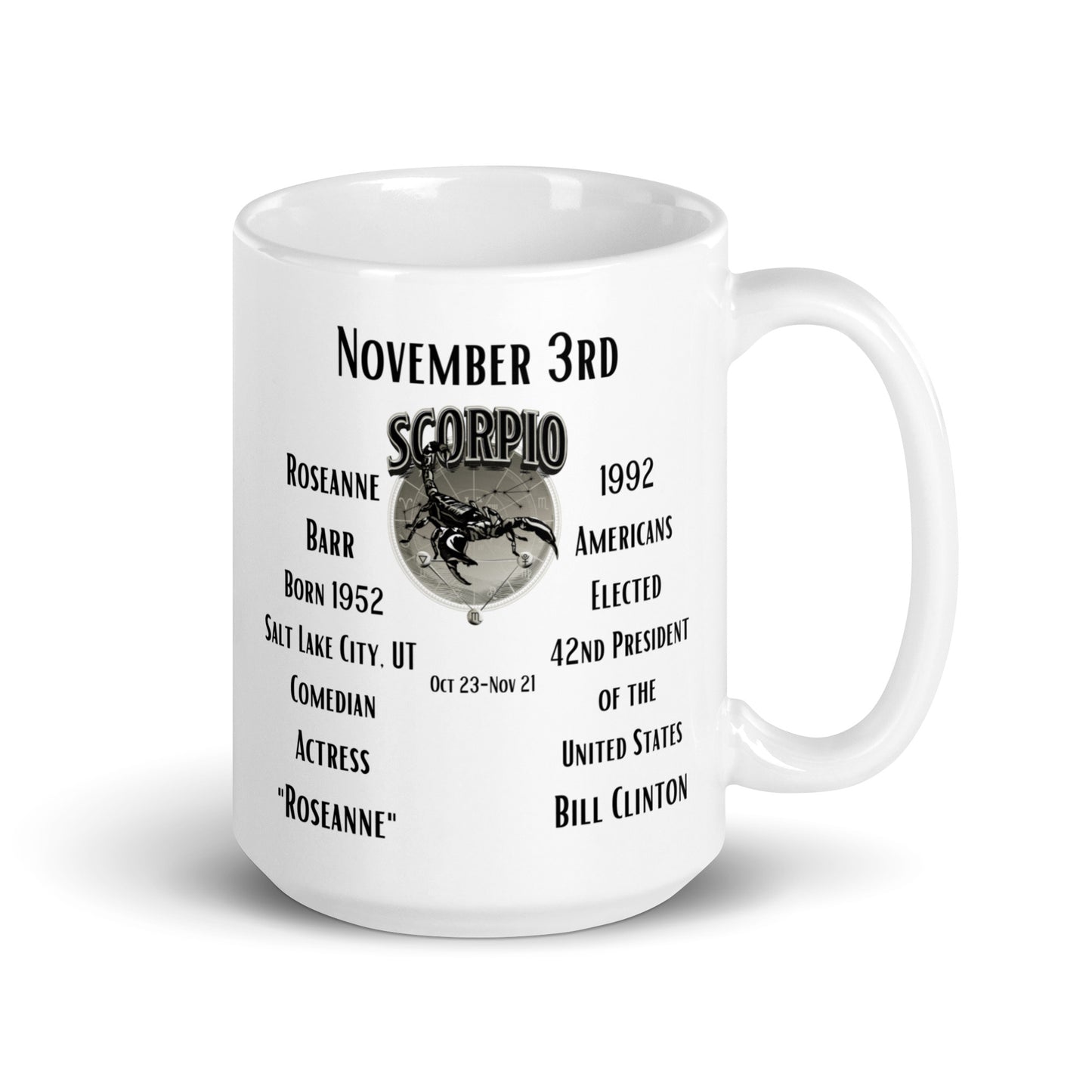 On This Day: Birthday Series - November 03rd - (B) Roseanne Barr & Bill Clinton - White glossy mug