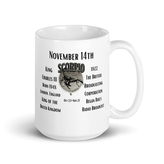 On This Day: Birthday Series - November 14th - (B) King Charles III & The BBC - White glossy mug