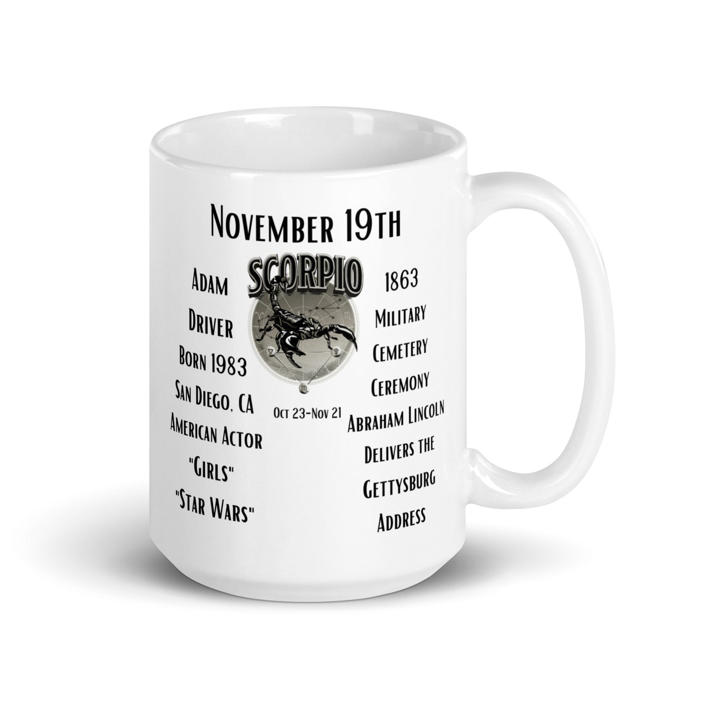 On This Day: Birthday Series - November 19th - (C) Adam Driver & Abraham Lincoln - White glossy mug