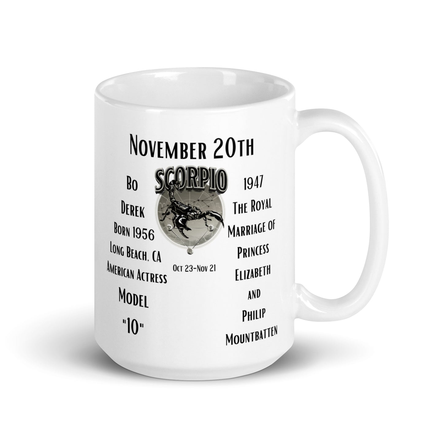 On This Day: Birthday Series - November 20th - (C) Bo Derek & Queen Elizabeth - White glossy mug