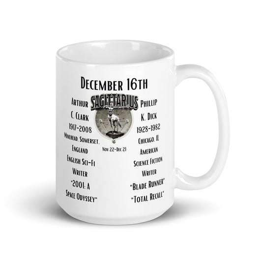 On This Day: Birthday Series - December 16th - (D) Arthur C. Clark & Philip K. Dick - White glossy mug