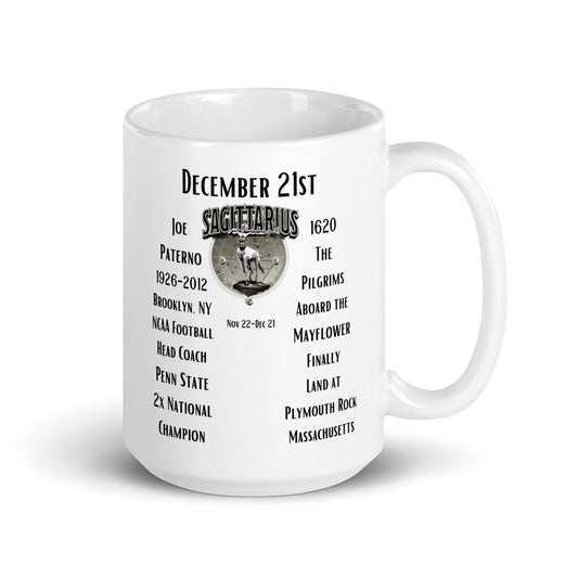 On This Day: Birthday Series - December 21 - (D) Joe Paterno & the Pilgrims  - White glossy mug