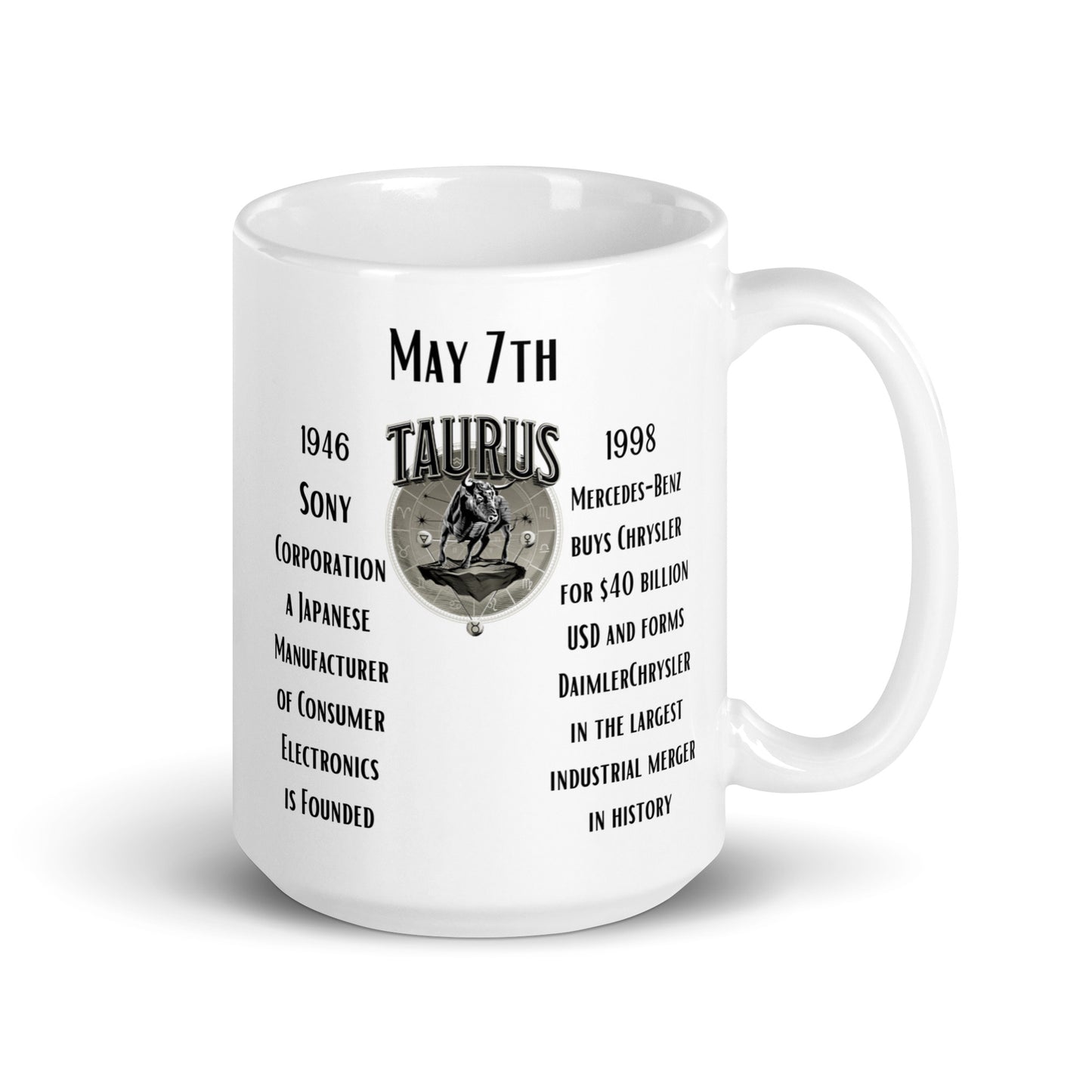 On This Day: Birthday Series - May 07th - (B) Sony Corporation was Founded & Mercedes Benz Purchased Chrysler - White glossy mug