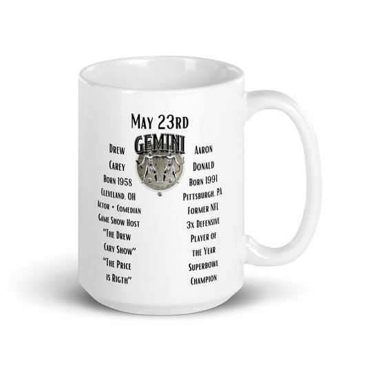 On This Day: Birthday Series - May 23rd - (B) Drew Carey & Aaron Donald - White glossy mug