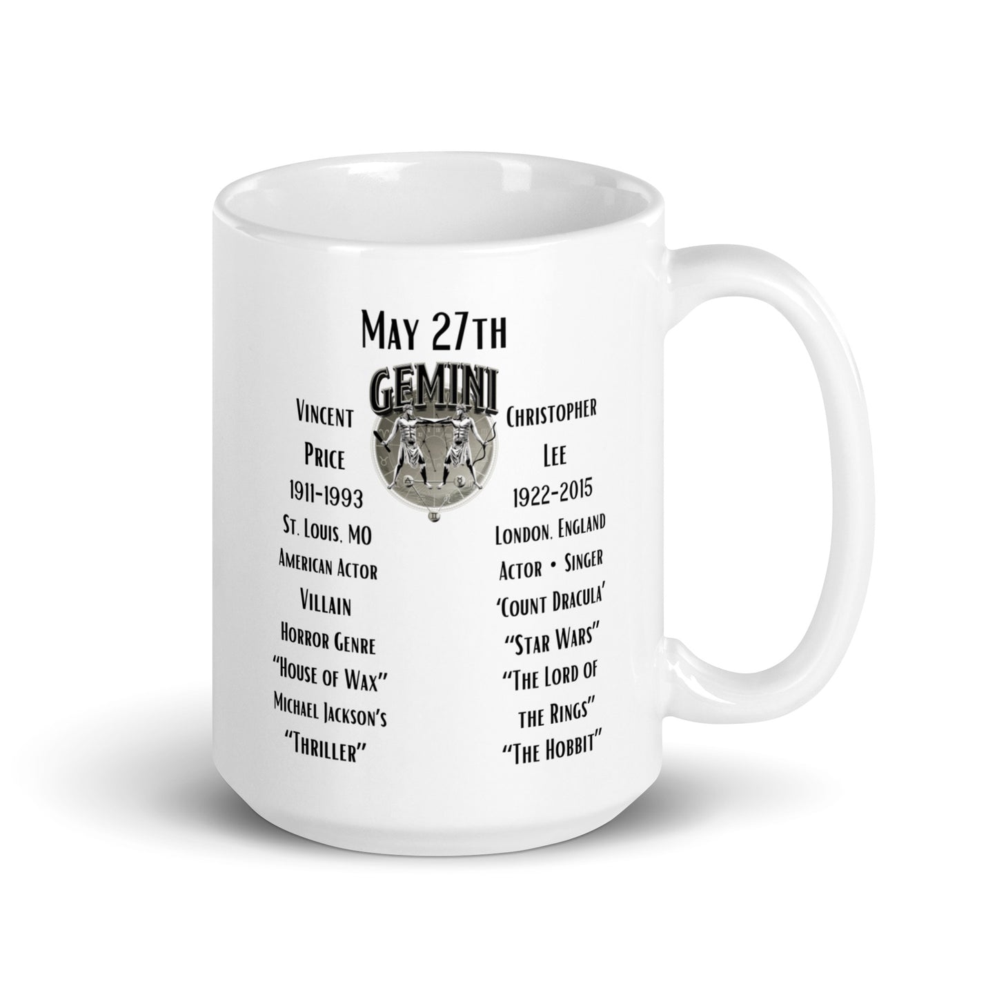 On This Day: Birthday Series - May 27th - (A) Vincent Price & Christopher Lee -White glossy mug