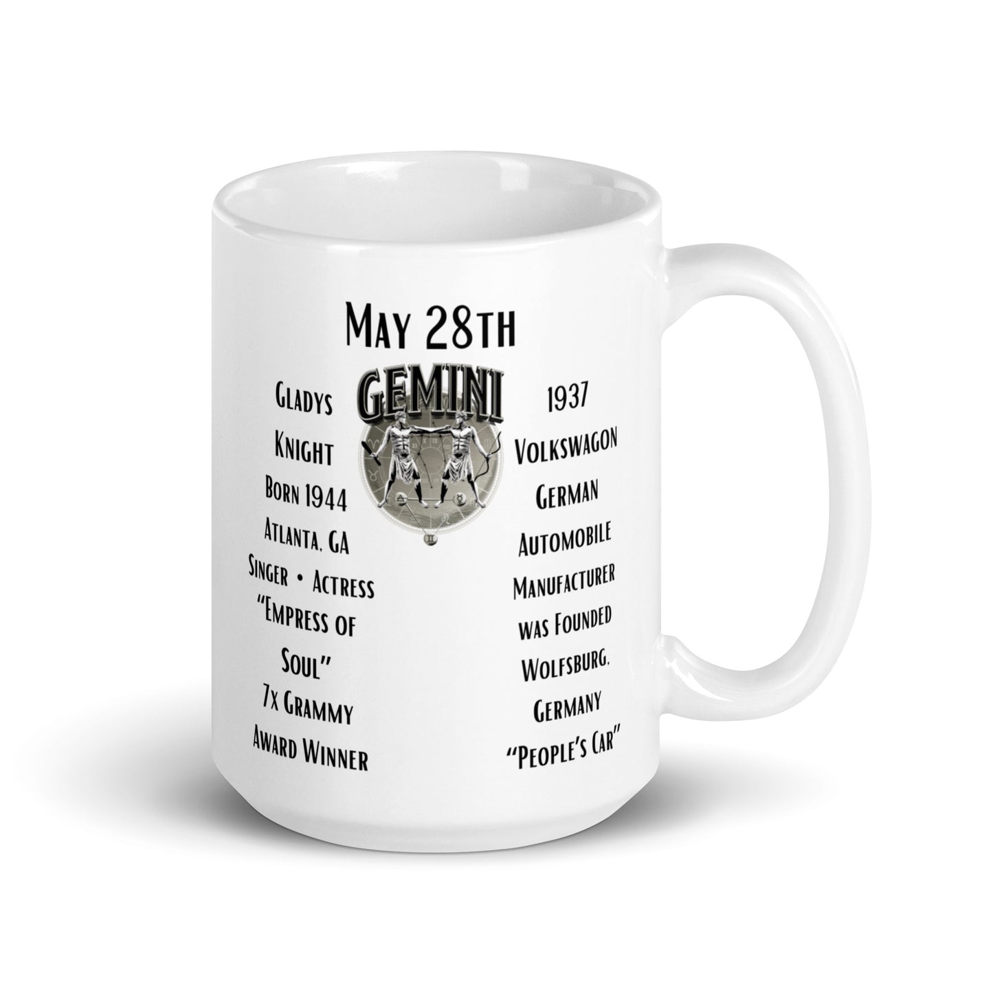 On This Day: Birthday Series - May 28th - (B) Gladys Knight & Volkswagen - White glossy mug