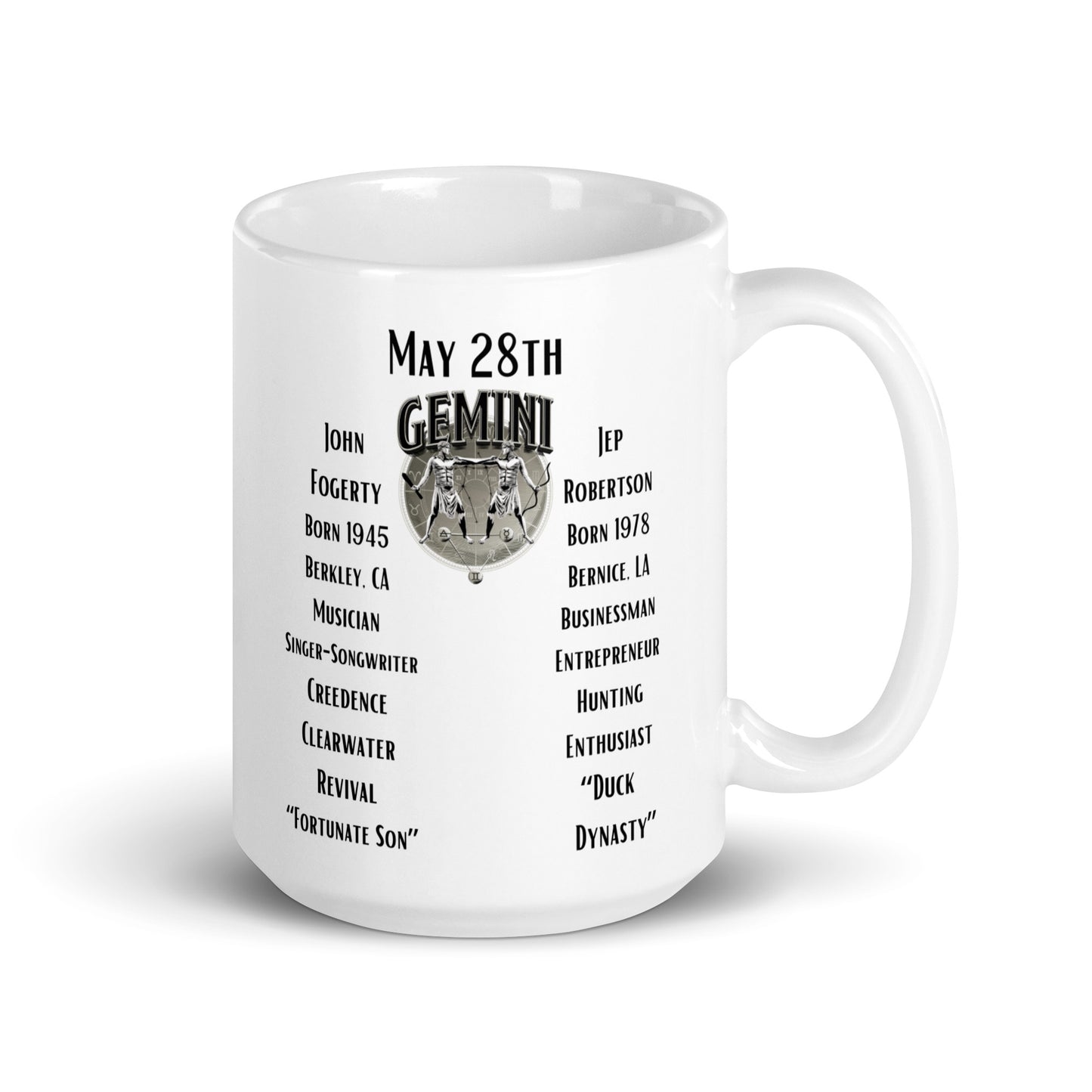 On This Day: Birthday Series - May 28th - (A) John Fogerty & Jep Robertson - White glossy mug