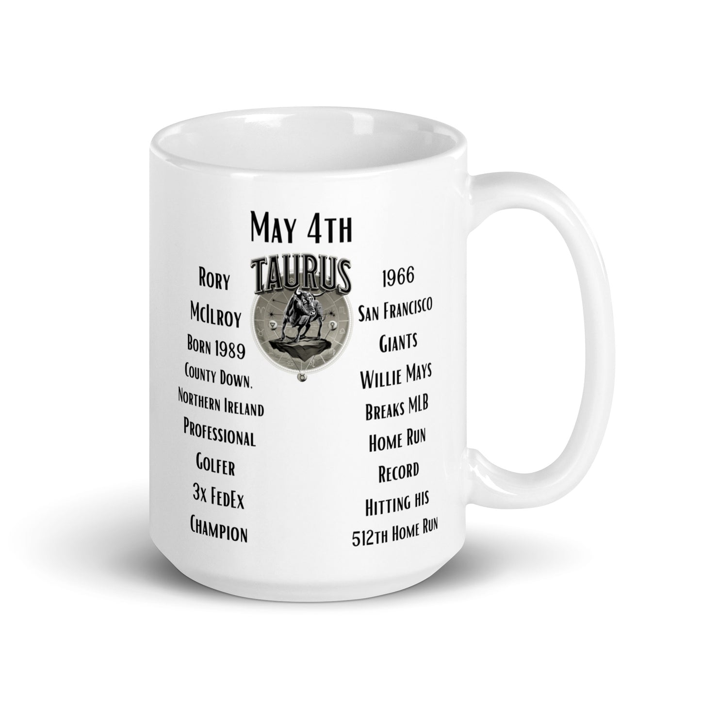 On This Day: Birthday Series - May 04th - (A) Rory McIlroy & Willie Mays - White glossy mug