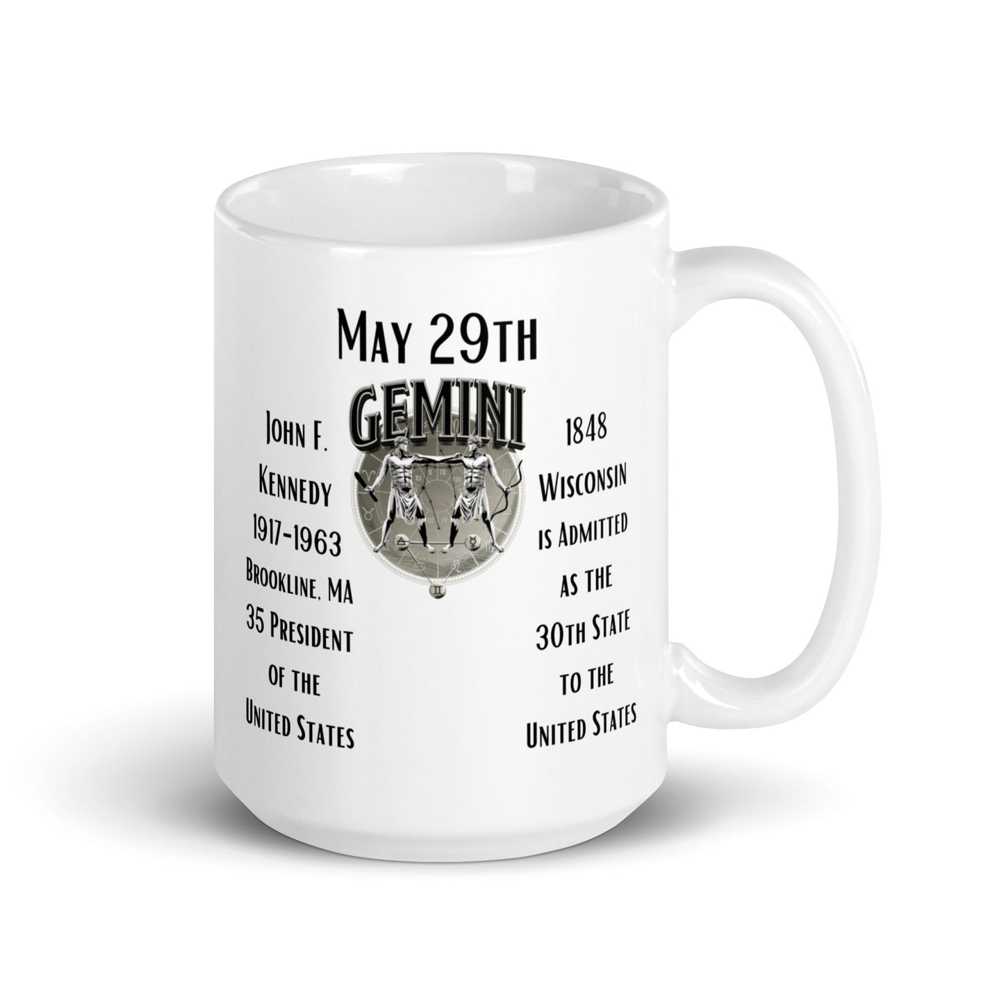 On This Day: Birthday Series - May 29th - (A) John F. Kennedy & Wisconsin - White glossy mug