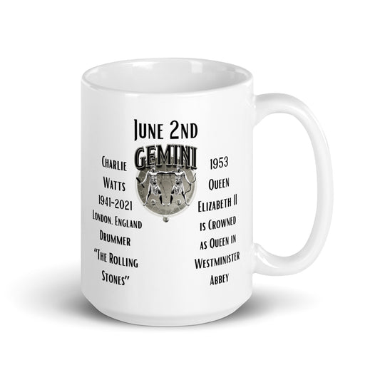 On This Day: Birthday Series - June 02 - (B) Charlie Watts & Queen Elizabeth II - White glossy mug