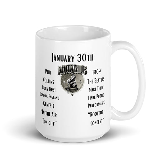 On This Day: Birthday Series - January 30th - (B) Phil Collins & The Beatles - White glossy mug