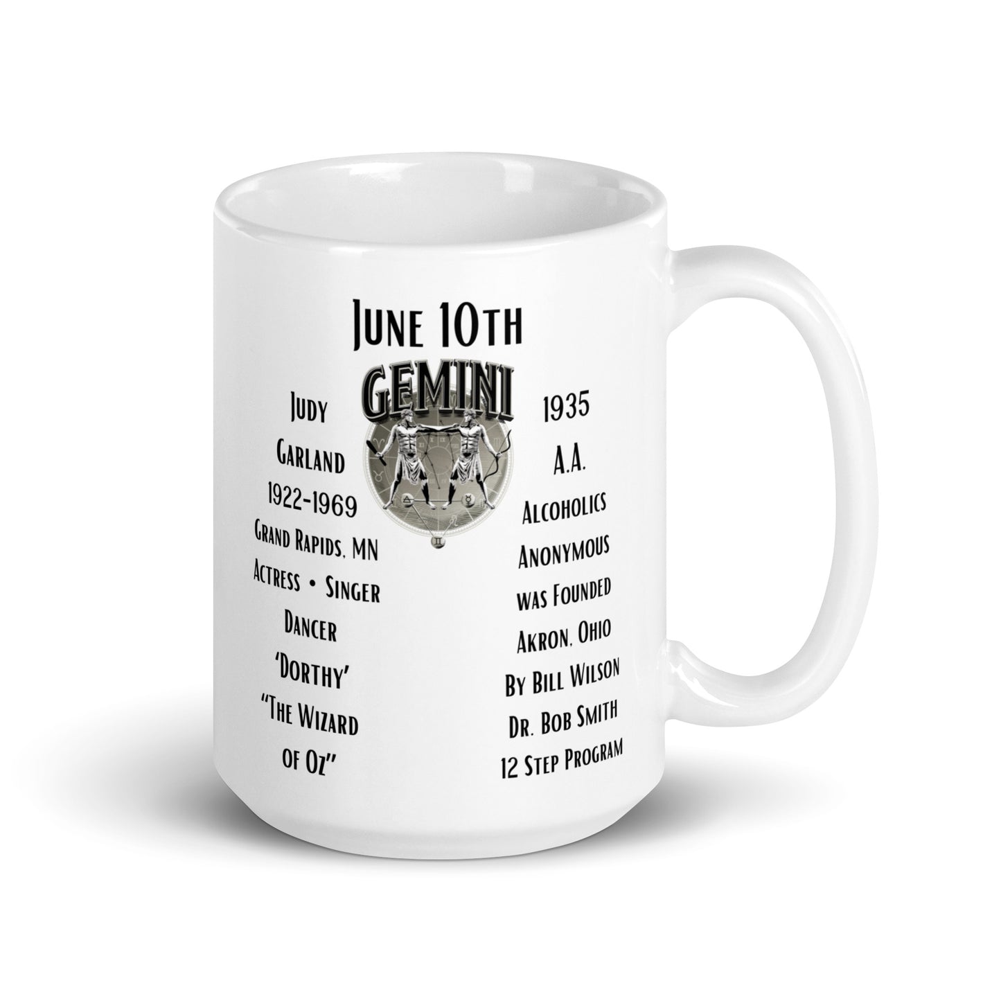 On This Day: Birthday Series - June 10th - (A) Judy Garland & Alcoholics Anonymous - White glossy mug