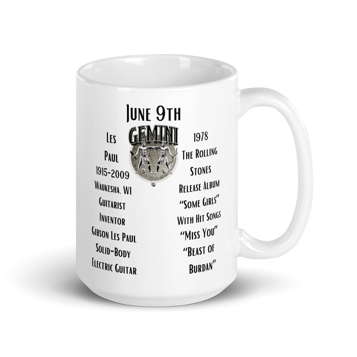 On This Day: Birthday Series - June 09th - (A) Les Paul & The Rolling Stones - White glossy mug