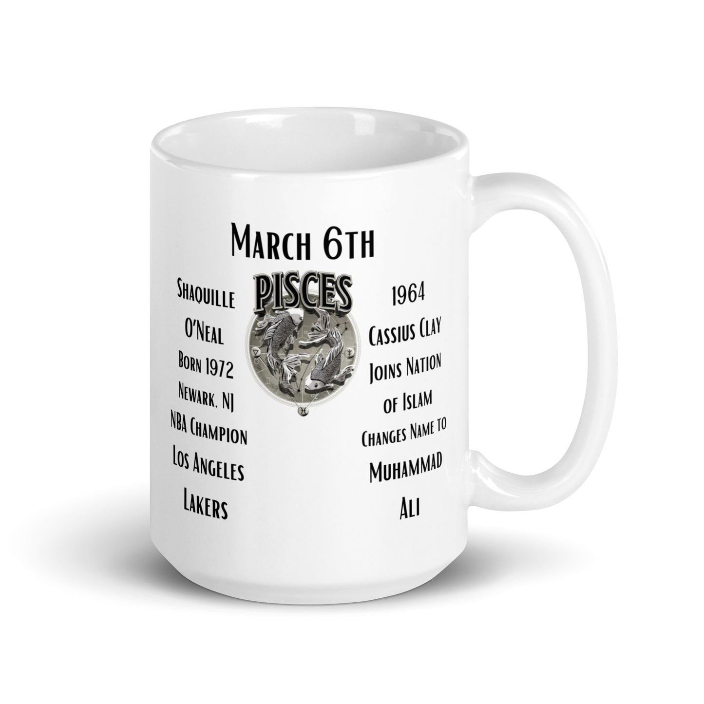 On This Day: Birthday Series - March 06th - (A) Shaquille O'Neal & Muhammad Ali - White glossy mug