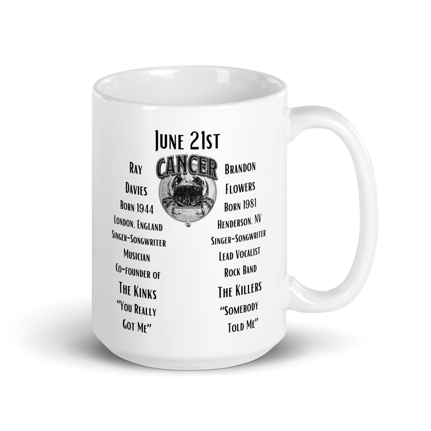 On This Day: Birthday Series - June 21st - (B) Ray Davies & Brandon Flowers - White glossy mug