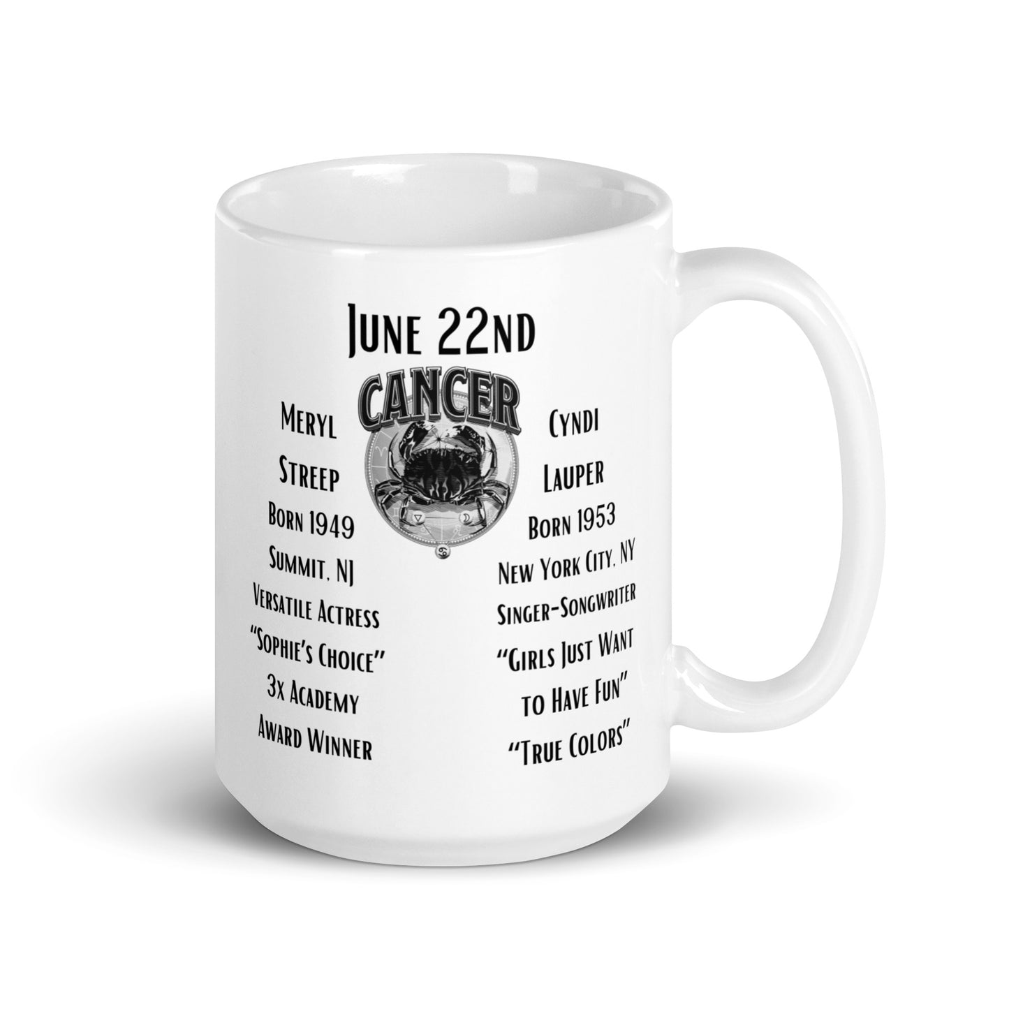 On This Day: Birthday Series - June 22nd - (B) Meryl Streep & Cyndi Lauper - White glossy mug