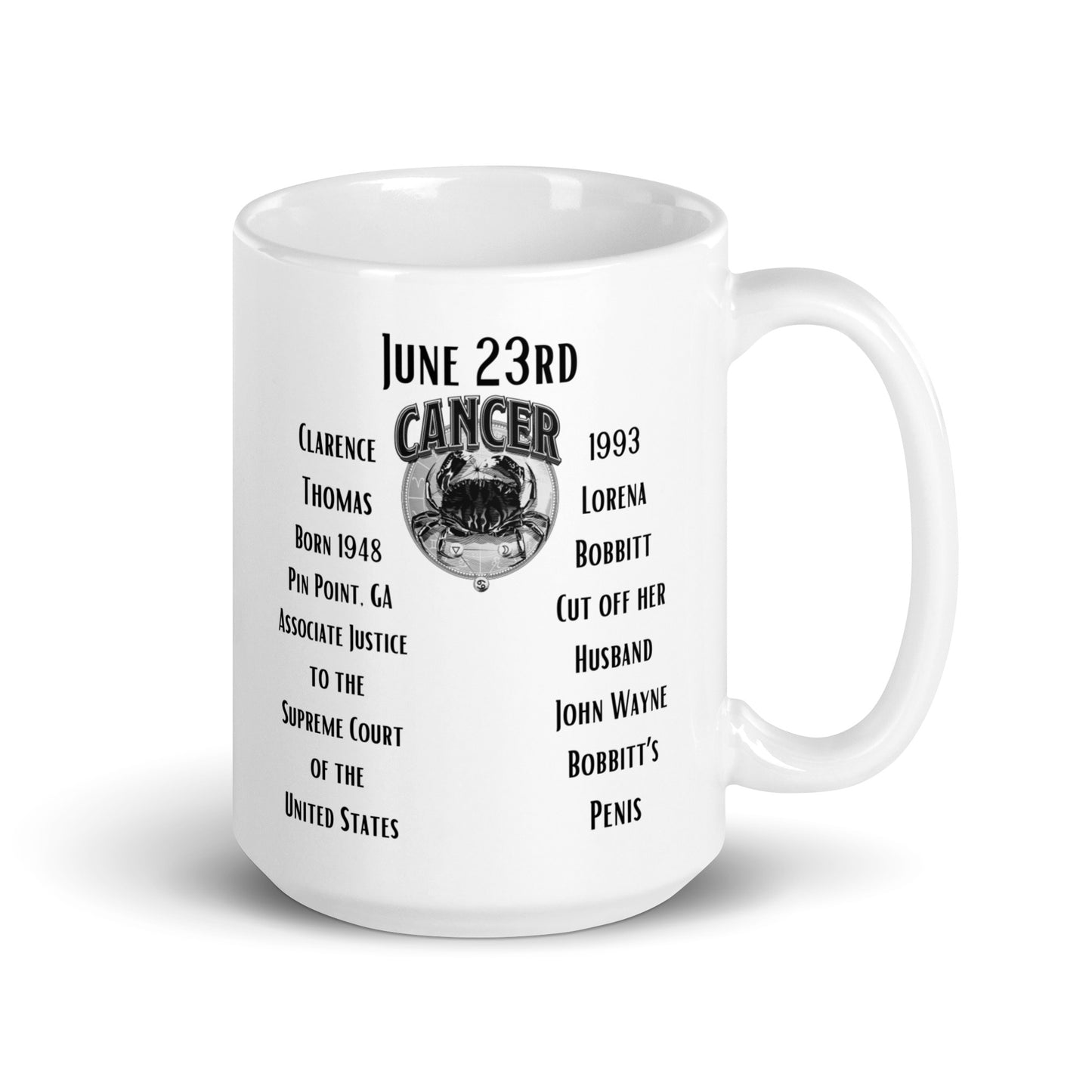 On This Day: Birthday Series - June 23rd - (B) Clarence Thomas & Lorena Bobbitt Incident - White glossy mug