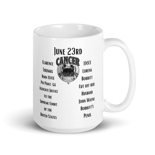 On This Day: Birthday Series - June 23rd - (B) Clarence Thomas & Lorena Bobbitt Incident - White glossy mug