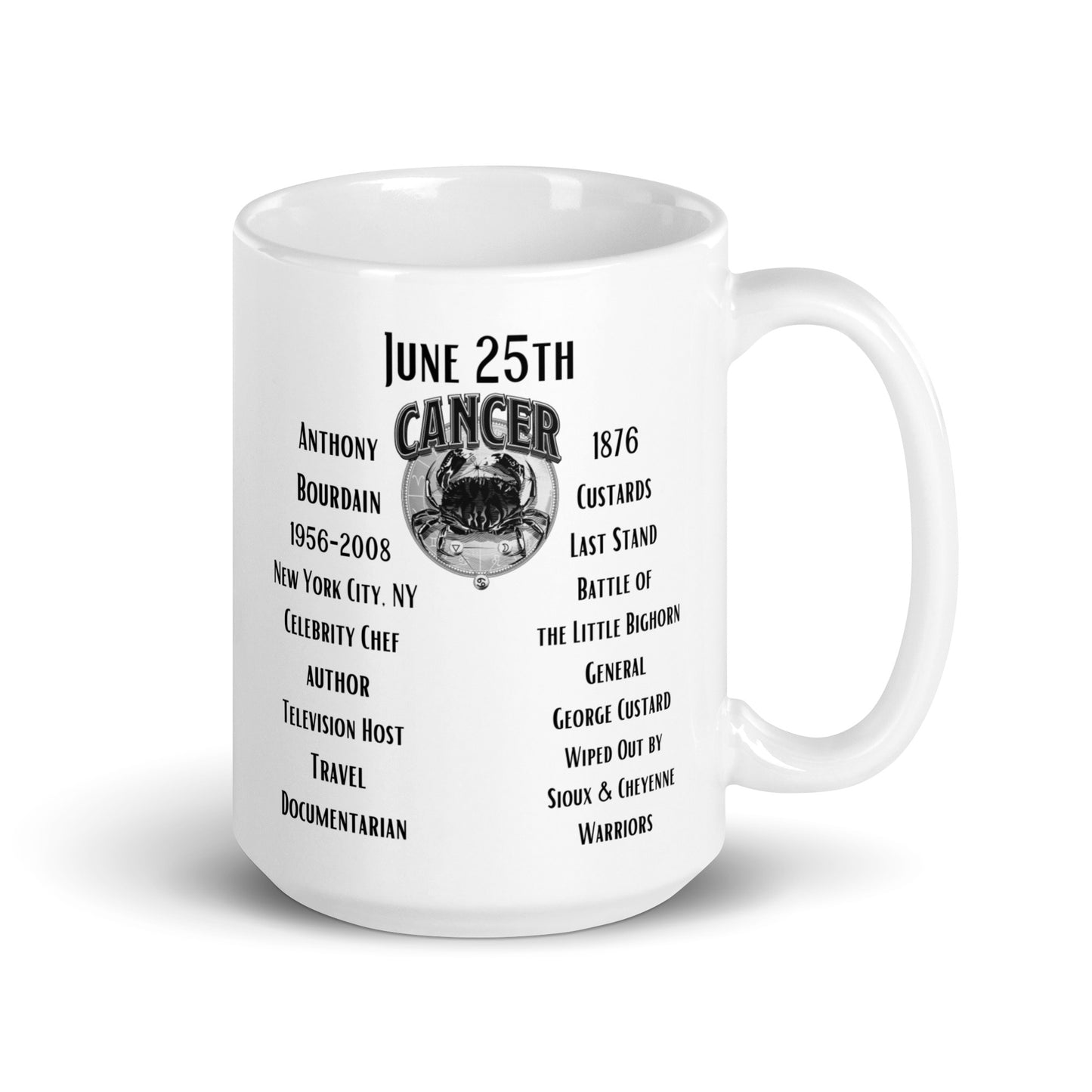 On This Day: Birthday Series - June 25th - (A) Anthony Bourdain & Battle of the Little Big Horn - White glossy mug