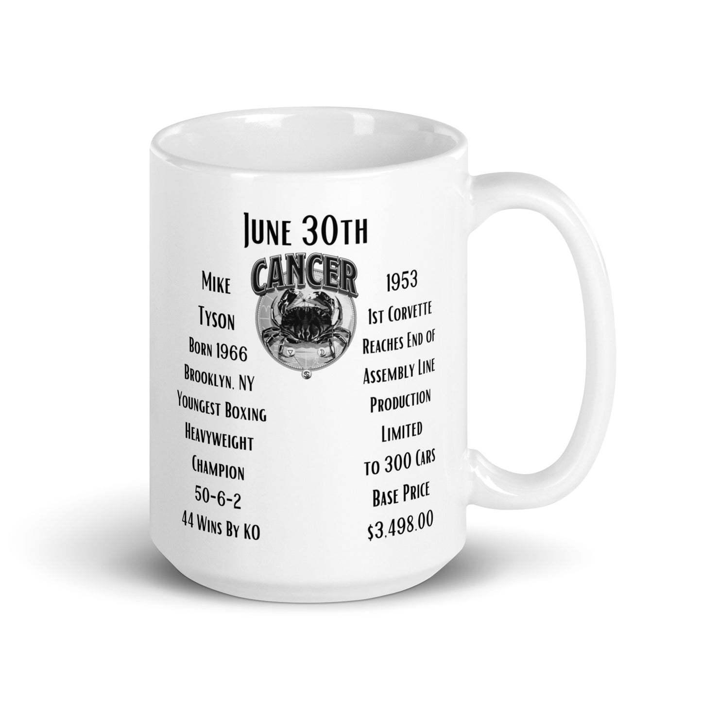 On This Day: Birthday Series - June 30th - (A) Mike Tyson & the 1st Corvette - White glossy mug