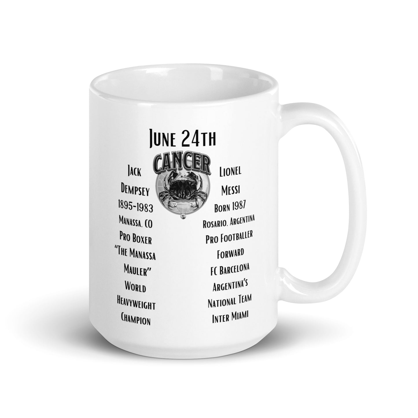 On This Day: Birthday Series - June 24th - (A) Jack Dempsey & Lionel Messi - White glossy mug