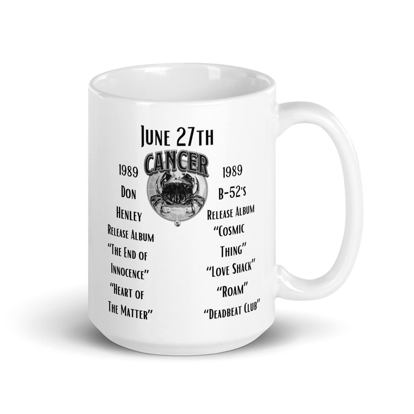 On This Day: Birthday Series - June 27th - (B) Album "The End of Innocence" is Released & Album "Cosmic Thing" is Released - White glossy mug