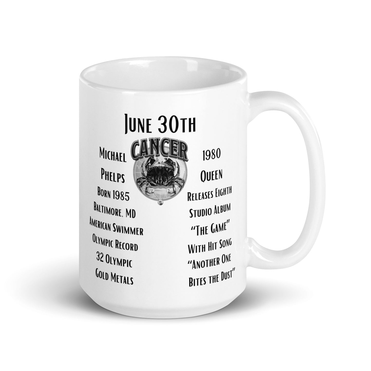 On This Day: Birthday Series - June 30th - (B) Michael Phelps & Queen Releases "The Game" - White glossy mug