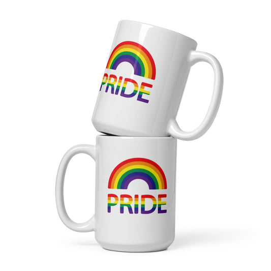 LGBTQ+ #01 Rainbow over "Pride" White glossy mug