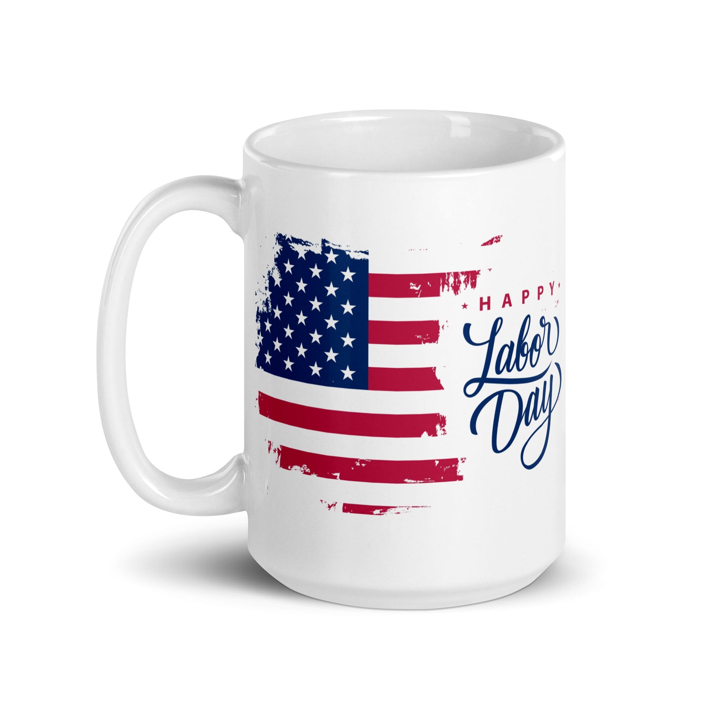 Labor Day #01 "Happy Labor Day" w/ American Flag Offset Left White glossy mug