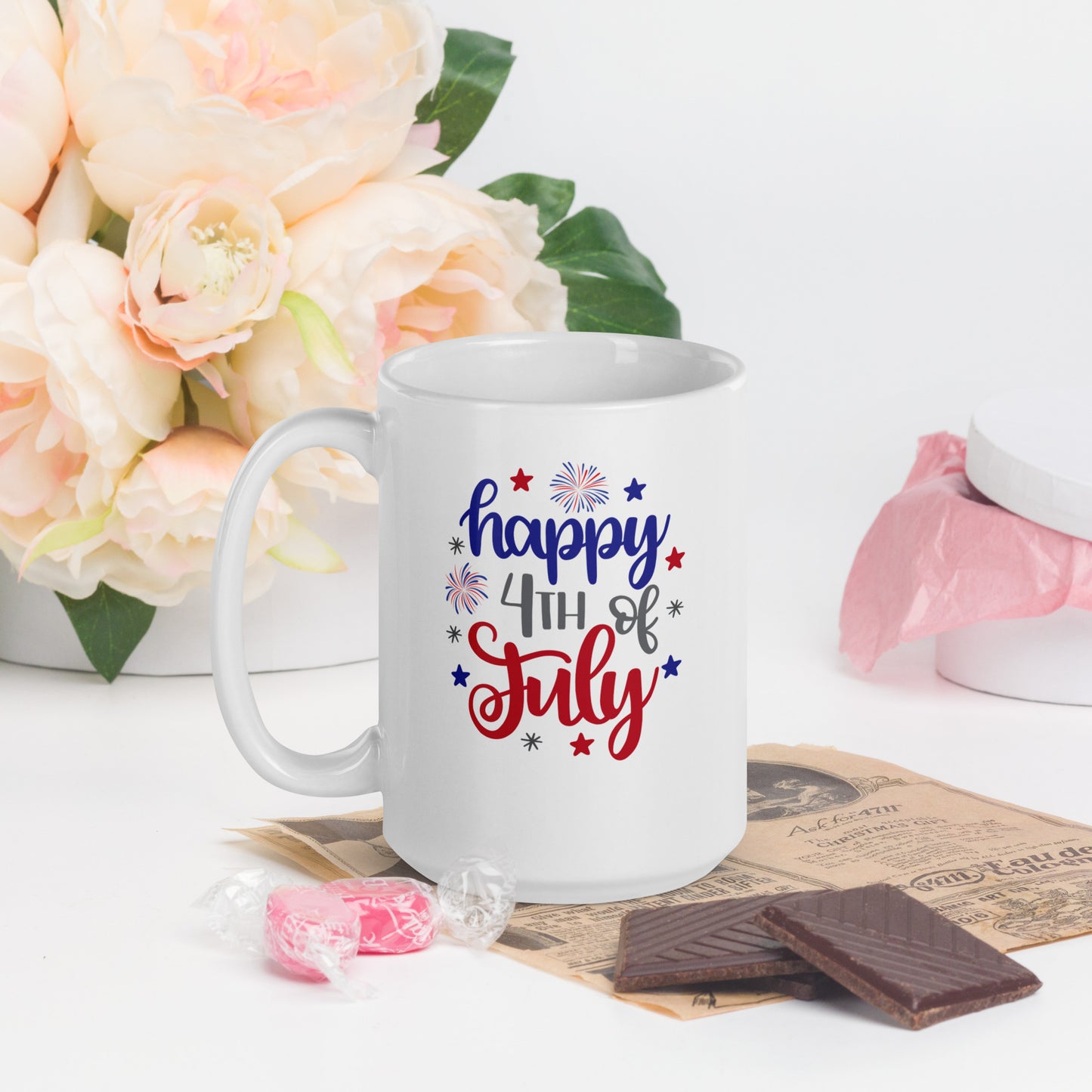 4th of July #16 "happy 4TH of July" White glossy mug