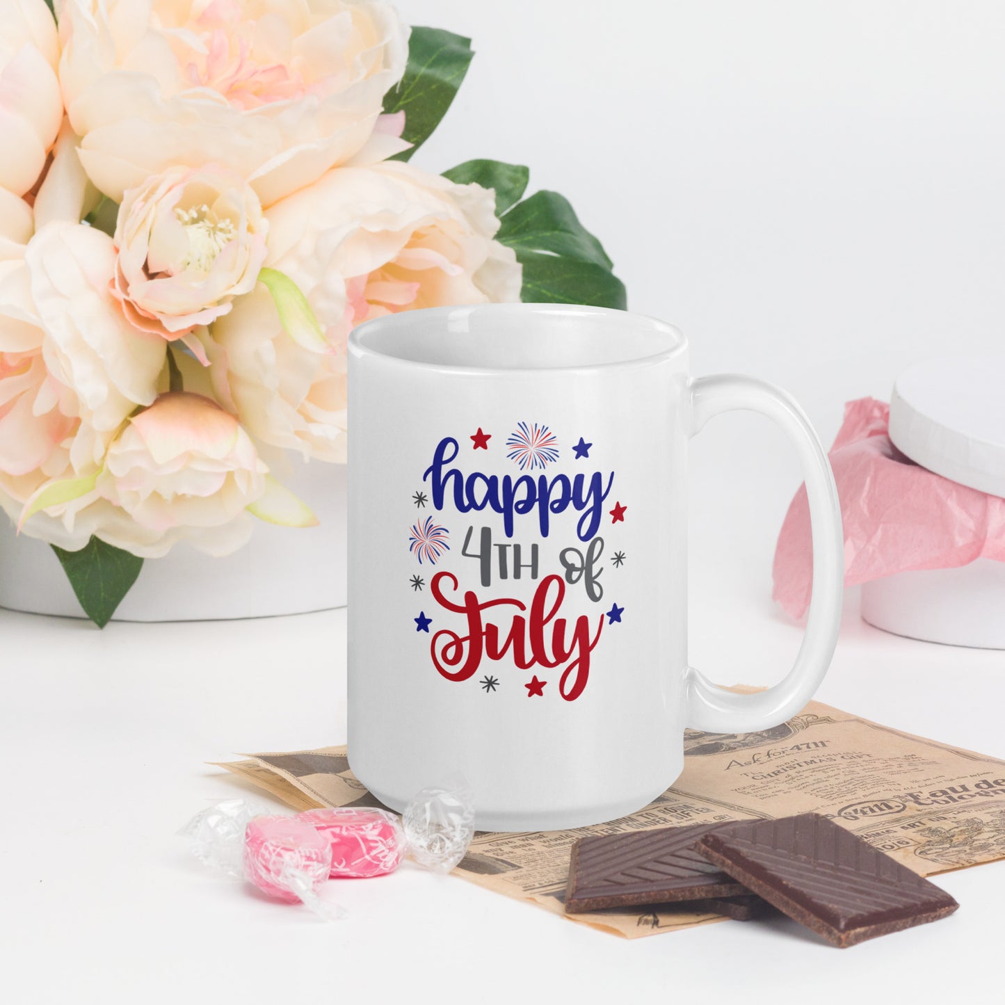 4th of July #16 "happy 4TH of July" White glossy mug