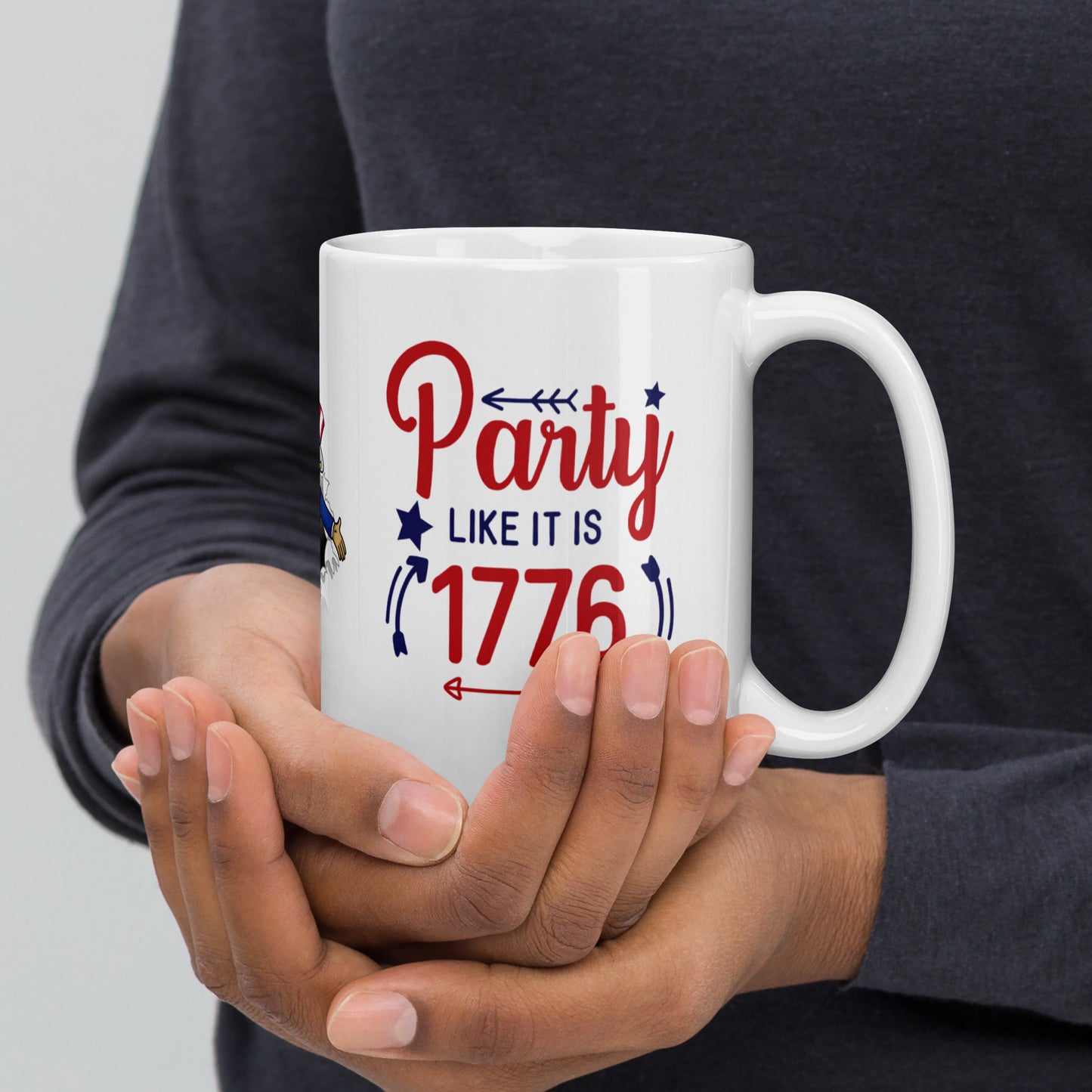 4th of July #20 "Party LIKE IT IS 1776" w/ Uncle Sam Image Full Wrap White glossy mug